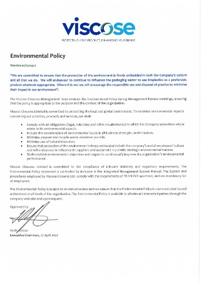 Environmental Policy certificate, April 2022