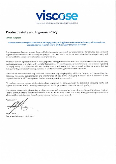 Product Safety & Hygiene certificate, April 2022