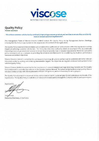 Quality Policy certificate, April 2022