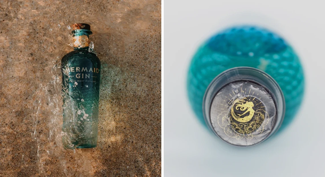 Mermaid Gin bottles with shrink sleeves on them.