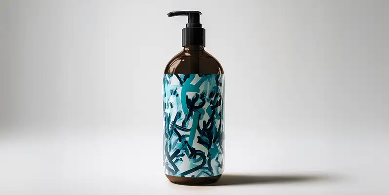 A soap bottle with a full body sleeve