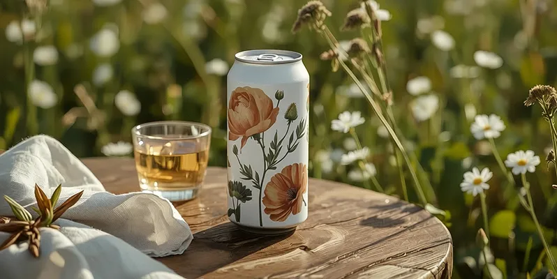 Can with a flower shrink sleeve wrap on it